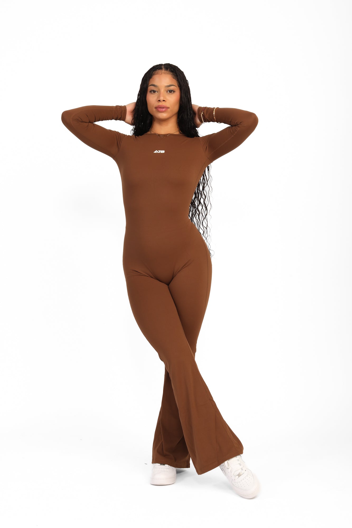 ATB Long Sleeve Open Back Flare Jumpsuits