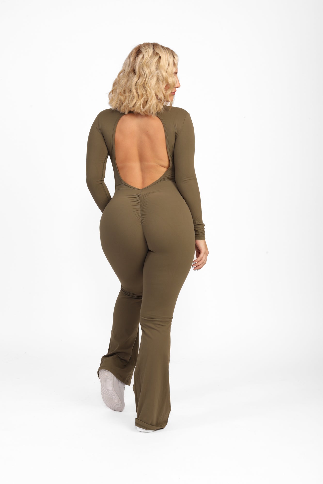 ATB Long Sleeve Open Back Flare Jumpsuits