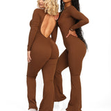 ATB Long Sleeve Open Back Flare Jumpsuits