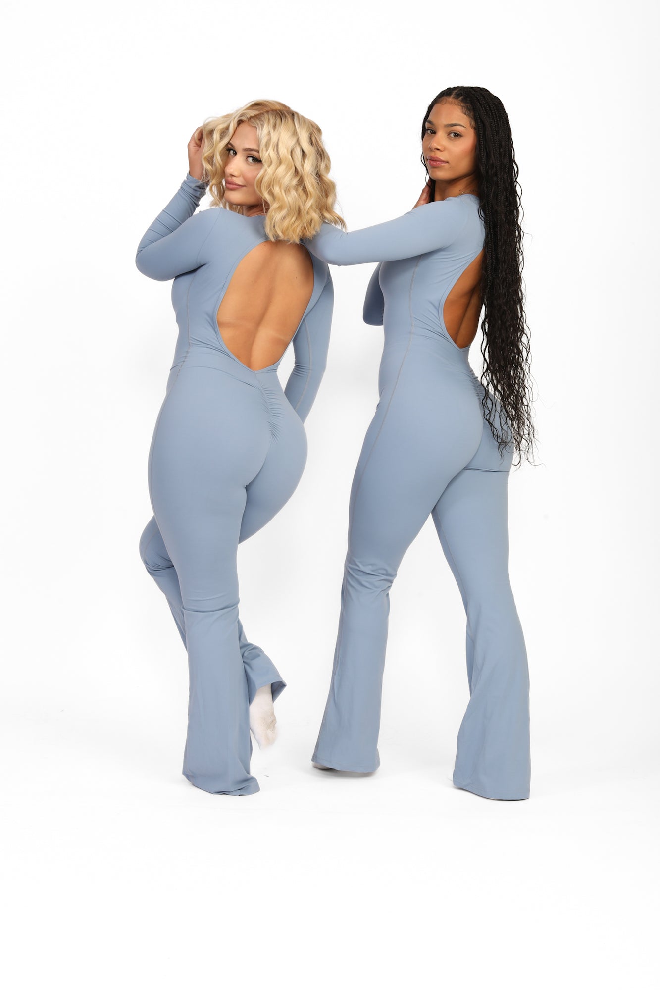 ATB Long Sleeve Open Back Flare Jumpsuits